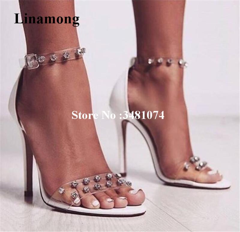 

Women Sandals Casual Thin Heels Pointed Transparent Strap Bling Crystal Ankle Sequined Rhinestone, As picture