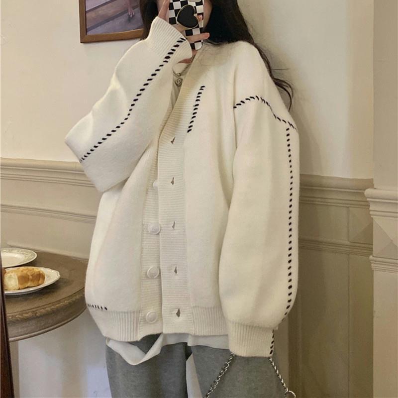 

Women's Knits & Tees Lazy Loose Casual Outwear V Long Sleeve White Women Cardigan Striped Sweater Knitted Tops Pull Black Oversize