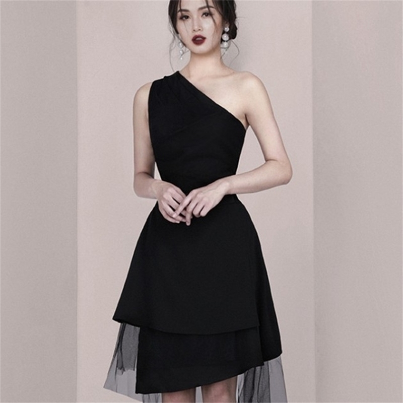 

Fashion Women Sexy Dress Net Inclined Shoulder Irregular Casual Mini Gauze oblique shoulder Vestido 210603, Picture color