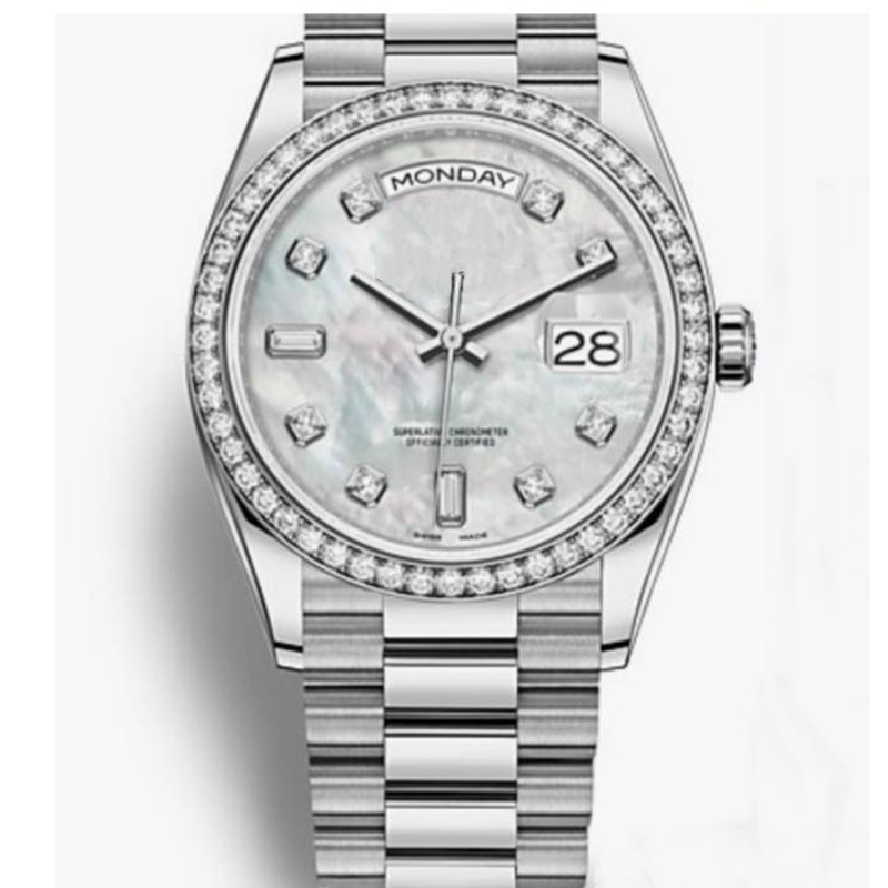 

Mens Women Unisex Watch Daydate Pearl Dial Diamond Automatic Mechanical Movement Sapphire Glass Stainless Steel Men Lady Watches Male Wristwatches, Make waterproof 50m
