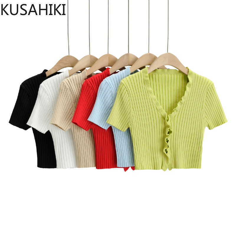 

Sexy Crop Top Sweater Coat Spring Summer Short Sleeve Knitted Cardigan Women Ruffle V-neck Knitwear Jacket 6E273 210603, Red