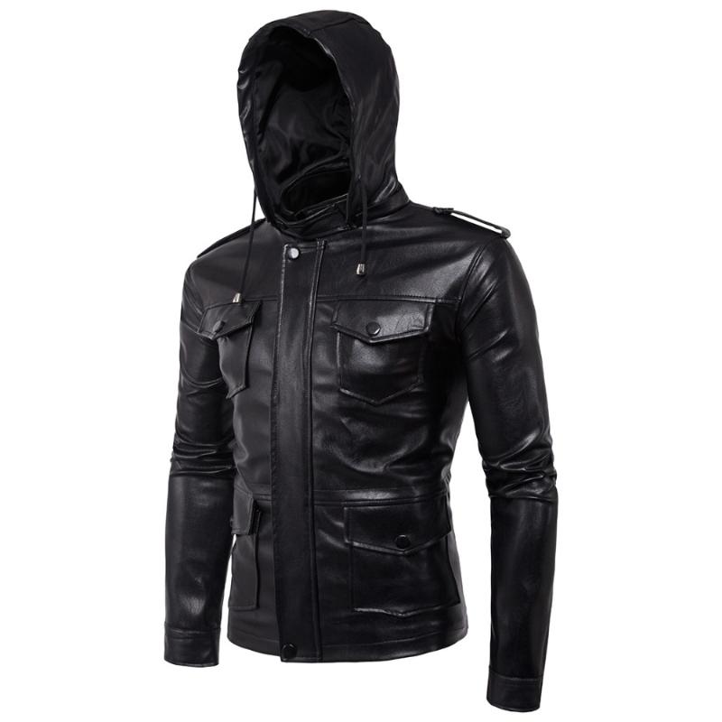 

Men's Fur & Faux Men PU Leather Hooded Jacket Biker Motorcycle Jackets And Coats Autumn Winter Mens Punk Jaqueta De Couro Plus Size 5XL, Black