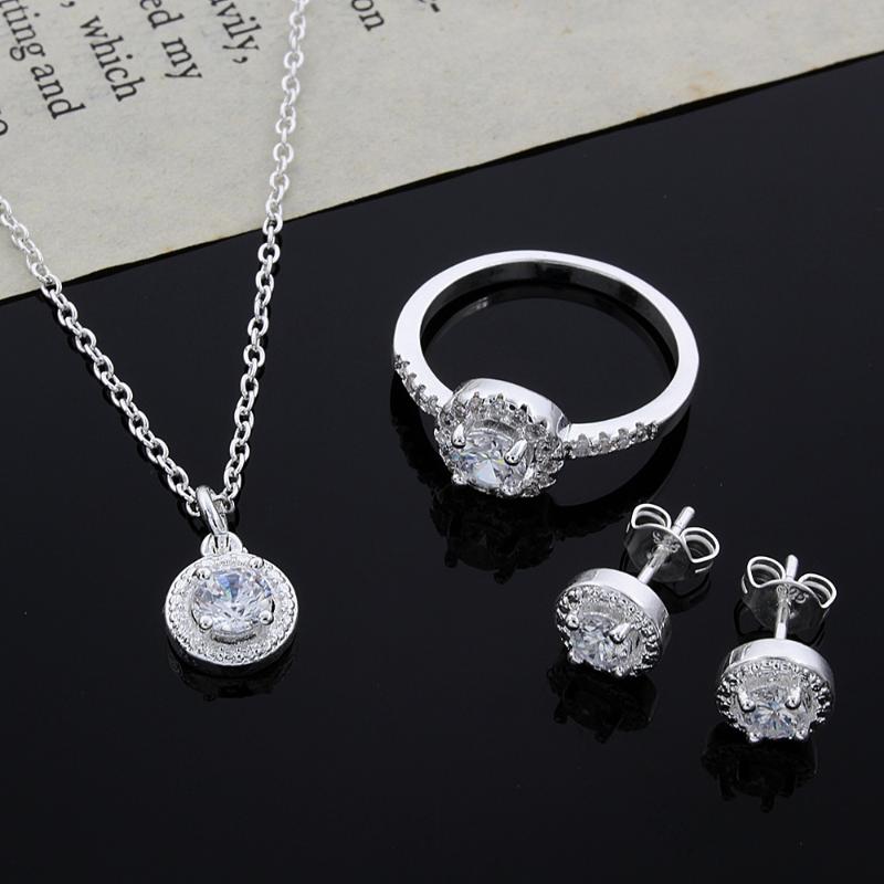

Chains Shiny Crystal Silver Necklace Earring Ring Jewelry Set Solid Noble Fashion Opening Rings Elegant For Women Girl Christmas Gift