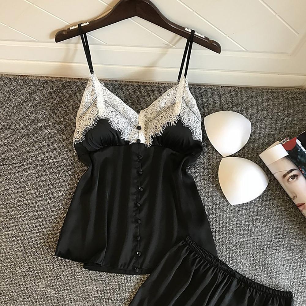 

2021 Women Silk Pajamas Sexy Satin sleepwear Underwear Lace Camisole Shorts Set Lingerie summer V neck tops fashion home clothes, White