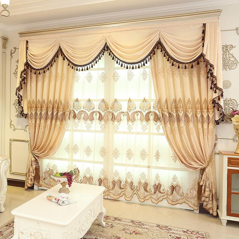 

Curtain & Drapes Chenille European Embroidered For Living Room Bedroom Luxury French Windows Backdrop Fancy Beige Valance, White tulle