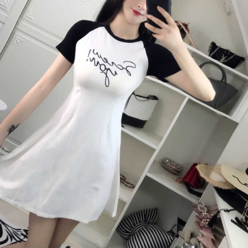 

Slim summer tops lovely Korean letter high waist short mini dress print color matching sleeve black t shirt dresses E5Q3 210603, White