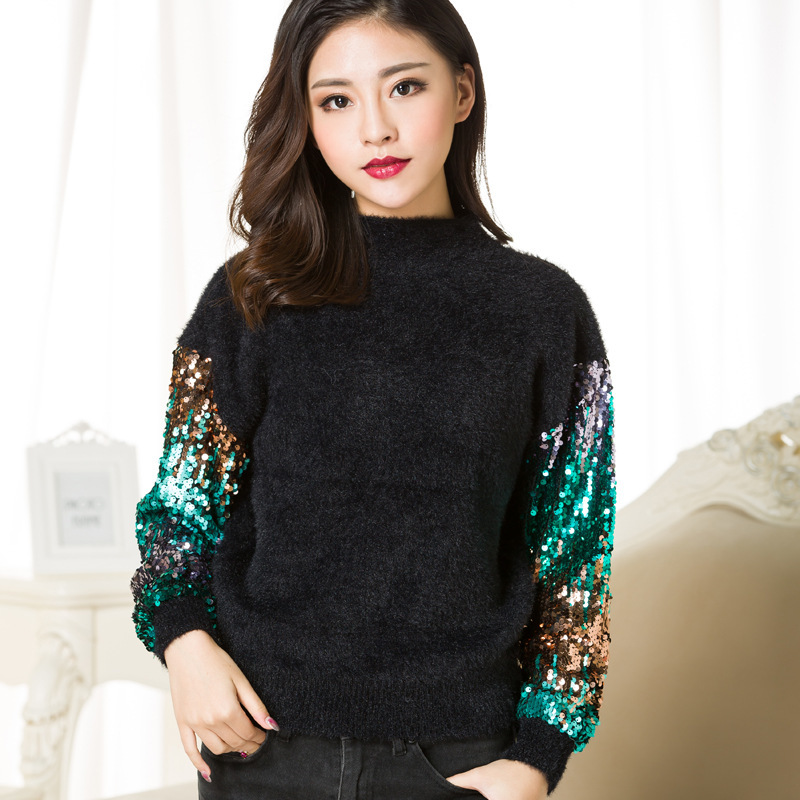 

Qooth Winter Lady' Sweater Sequins Long Sleeve Patchwork Pullover Fashion Mohair Turtleneck Knitted Sweaters Women QH1895 210518, Black