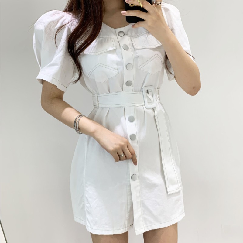 

Elegant Women Fashion Chic Mini Dress Summer Ladies A-line Vestidos Single-Breasted Lace Up Female Dress 210518, Photo color