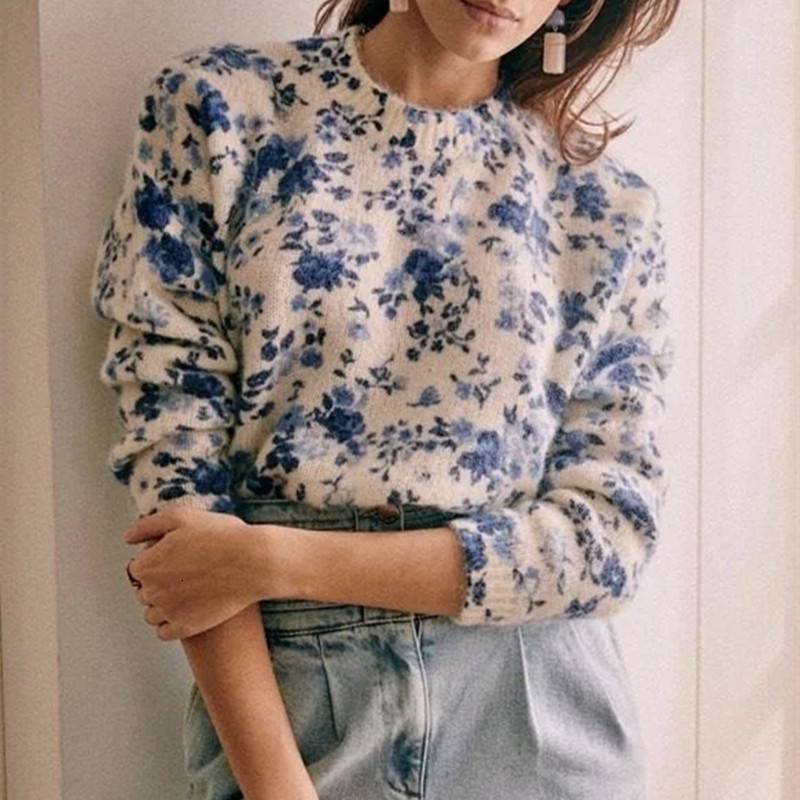 

women's sweaters women mohair blue floral shirt print o-neck long from female vintage fall bad jumper candy 5k91, White;black