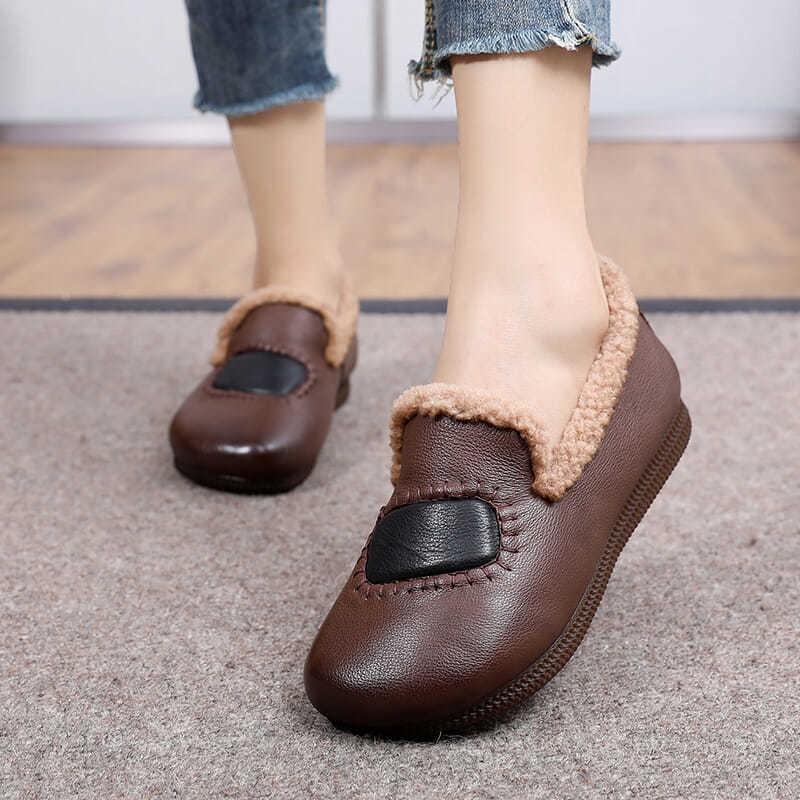 

Boots Women Winter Warm Shoes Leather Flat Casual Loafers Slip On Women's Flats Plush Moccasins Lady, Black