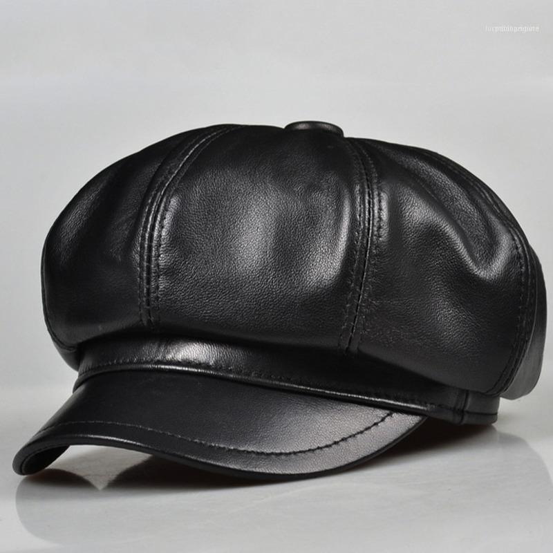 

Berets 2021 Fashion Octagonal Hat Sheepskin Painter Korean Leather Female Wild Beret British Trend B1921, Black