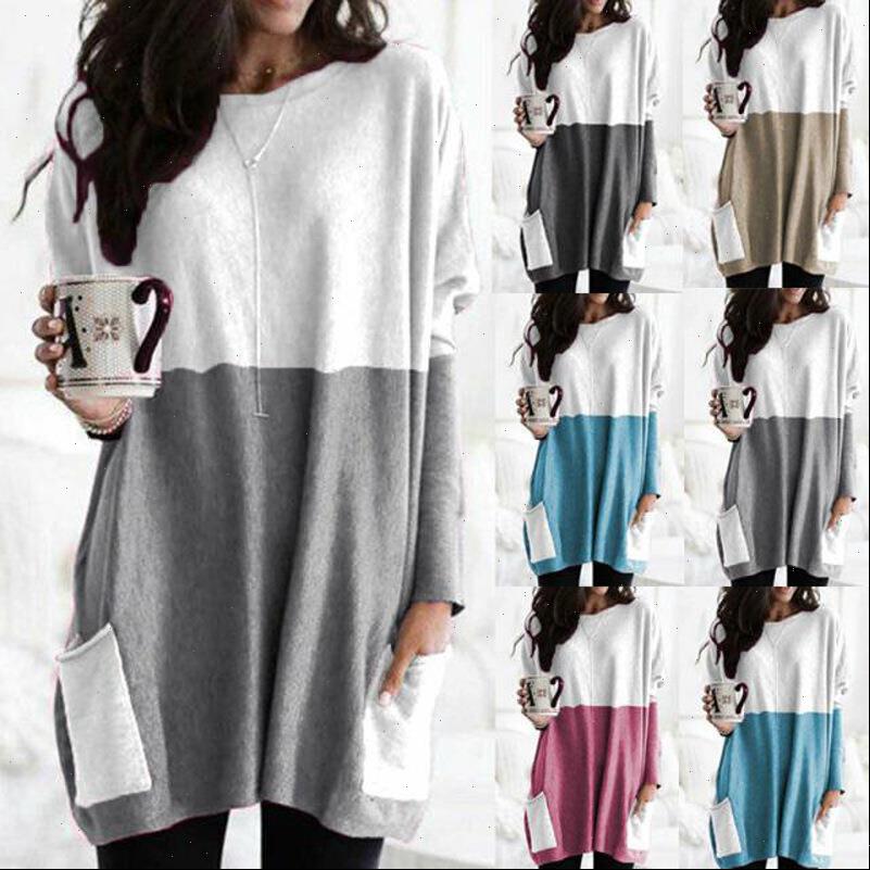 

women womens blouses oversize clothing round neck long sleeve stitching casual pocket simple loose autumn and winter shirts, White