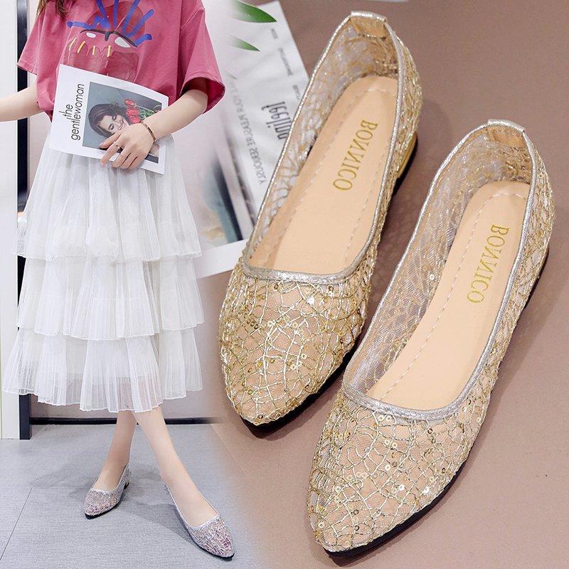 

Sandals Women's Flat Shoes Mesh Low Top Round Head Light Buckle Casual Shoesbeach Large Size 35-42, Golden
