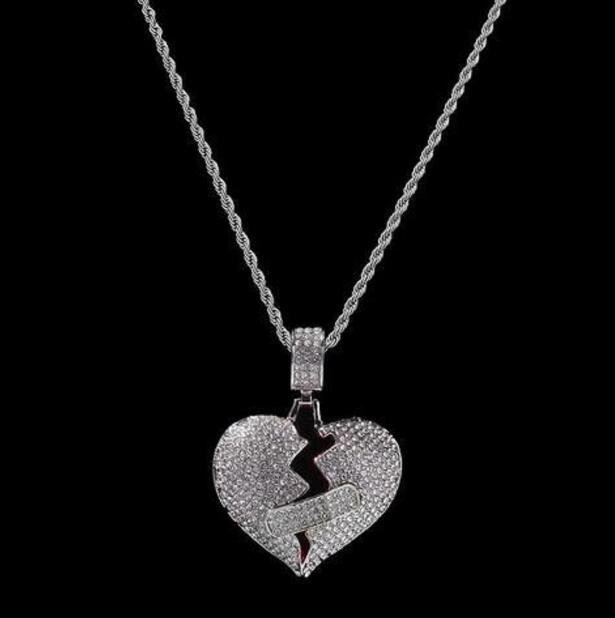 

2021 Mens Pendant Necklace Iced Out Heart Pendant Necklace Fashion Broken Heart Bandage Necklace Hip Hop Jewelry, Golden;silver