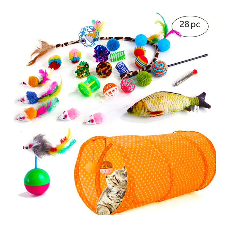 

28pcs Cat Toy Cave Tunnel Funny Pet False Mouse Mint Fish Ball Channel Stick Kitten Puppy Interactive Supplies Toys