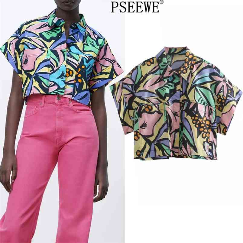 

Women Shirt Pockets Print Crop Top Female Short Sleeve Button Up Woman Streetwear Beach Summer Blouse 210519, Multi