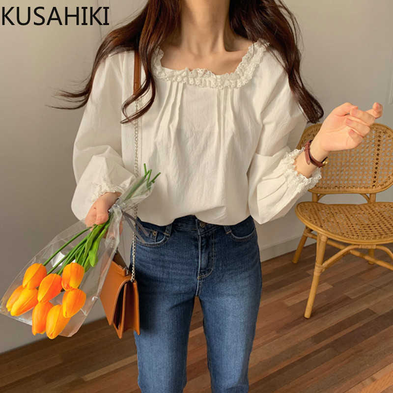 

Women Tops and Bloues Lace Patchwork Square Collar Shirt Spring Puff Sleeve Causal Blusas Mujer De Moda 6F291 210603, White