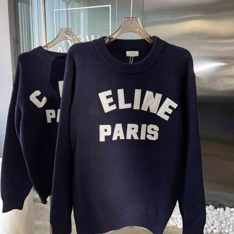 

spring Sweater Navy Blue crew neck loose wool sweater top letter female pullover