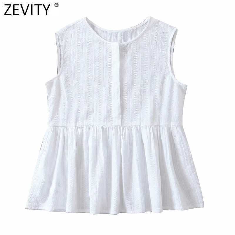 

Zevity Women Simply O Neck Sleeveless Ruffles Casual White Blouse Female Hollow Out Button Shirt Roupas Chic Chemise Tops LS9086 210603, As pic ls9086xqw