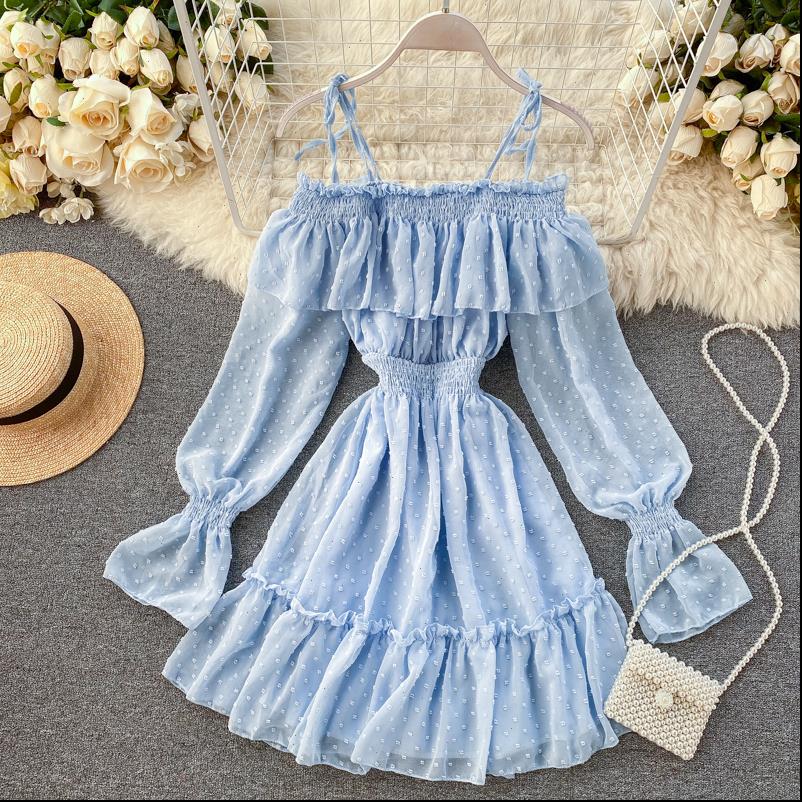 

womens dress boho ruffles summer off shoulder short spaghetti strap party elastic waist women casual beach a line, Black;gray