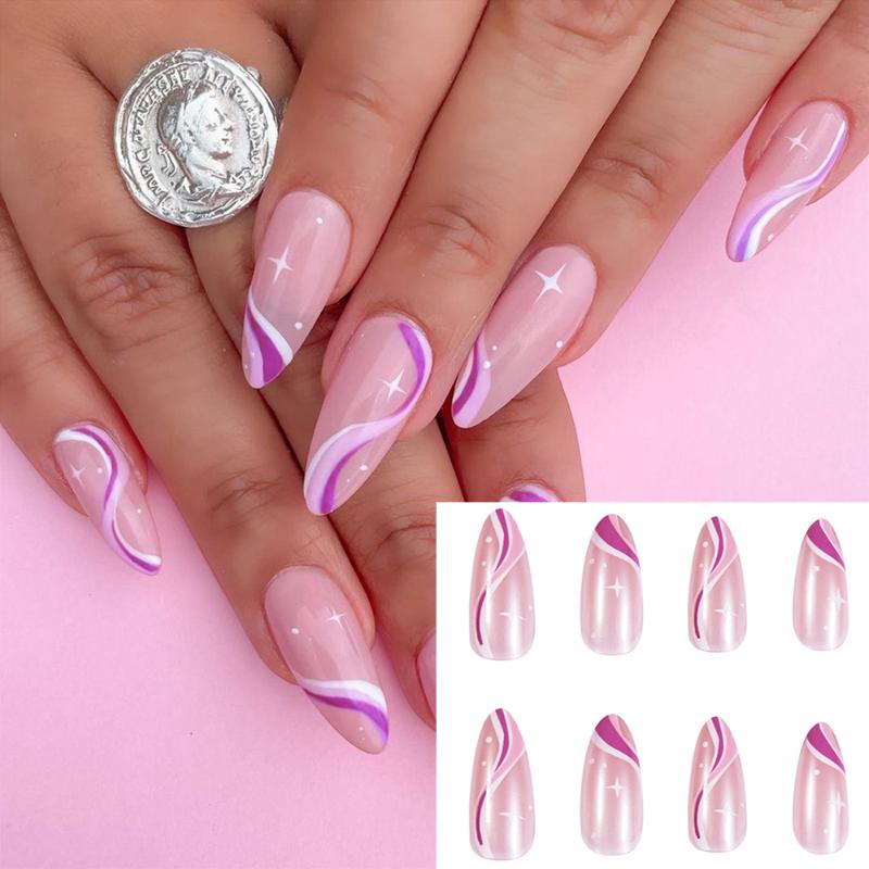 

False Nails 2021 Fashion Wavy Style Stiletto Wearable Detachable Fake Full Cover Nail Tips Artificial Manicure Tool, Red;gold