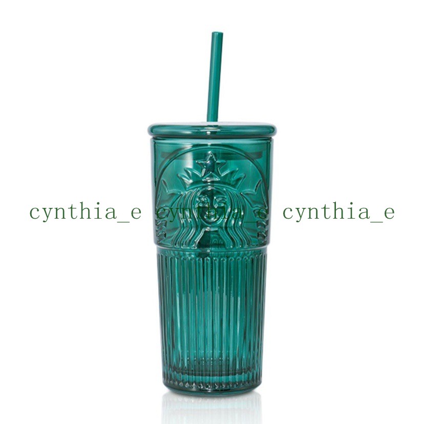 

550ml Starbucks Glass Tumbler Reusable Flat Bottom Cup Pillar Shape Lid Straw Mug Bardian, Green