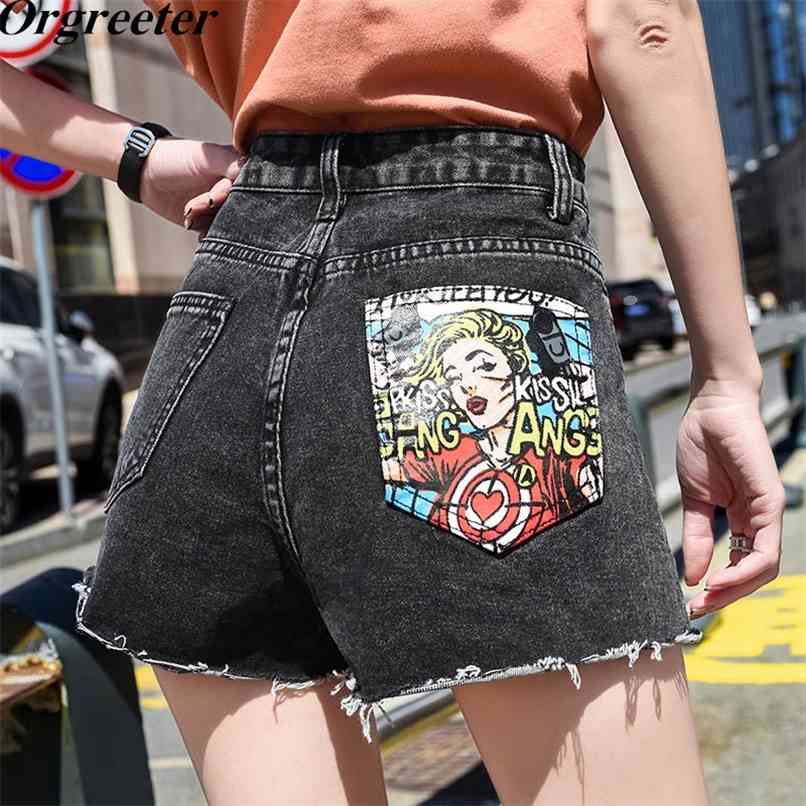 

High waist Denim Shorts Women Summer Personality Portrait Printted Pocket Hole Tassel Asymmetric Jeans Pants 210602, Picture color 5