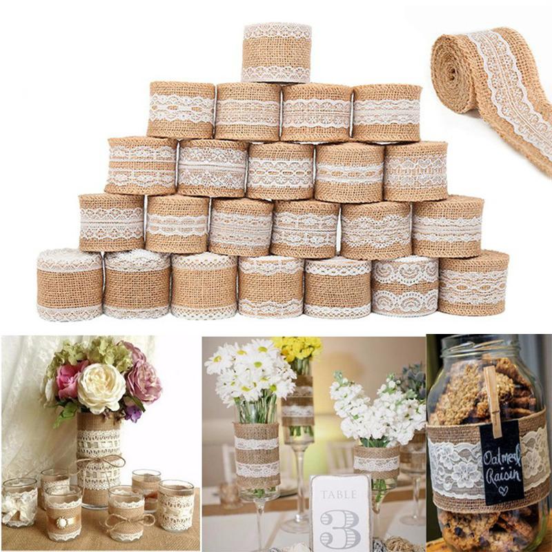 

Party Decoration 2Meter/roll 5cm Natural Jute Burlap Hessian Lace Ribbon With White Trim Edge Rustic Vintage Wedding Centerpieces Decor