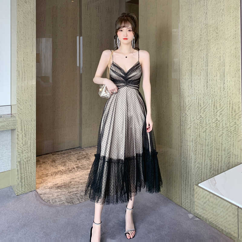 

summer sexy suspenders pleated polka dot tulle dress Office Lady Sleeveless Knee-Length Polyester Lace 210603, Apricot