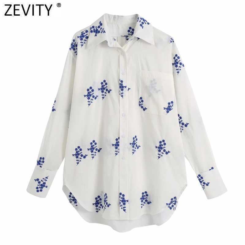 

Zevity Women Vintage Pocket Patch Floral Embroidery Casual Smock Blouse Office Lady Breasted Shirts Chic Blusas Tops LS9361 210603, As pic ls9361bb