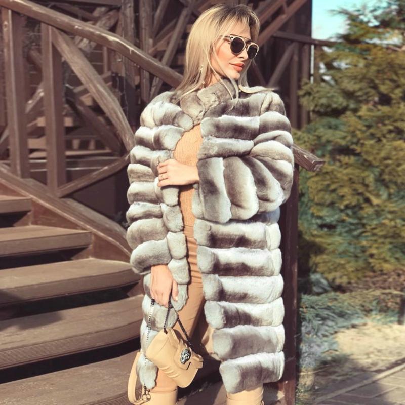 

Women's Fur & Faux Long Real Rex Coat Stand Collar 2021 Winter Full Pelt Genuine Coats Female Thick Warm Overcoat, Black