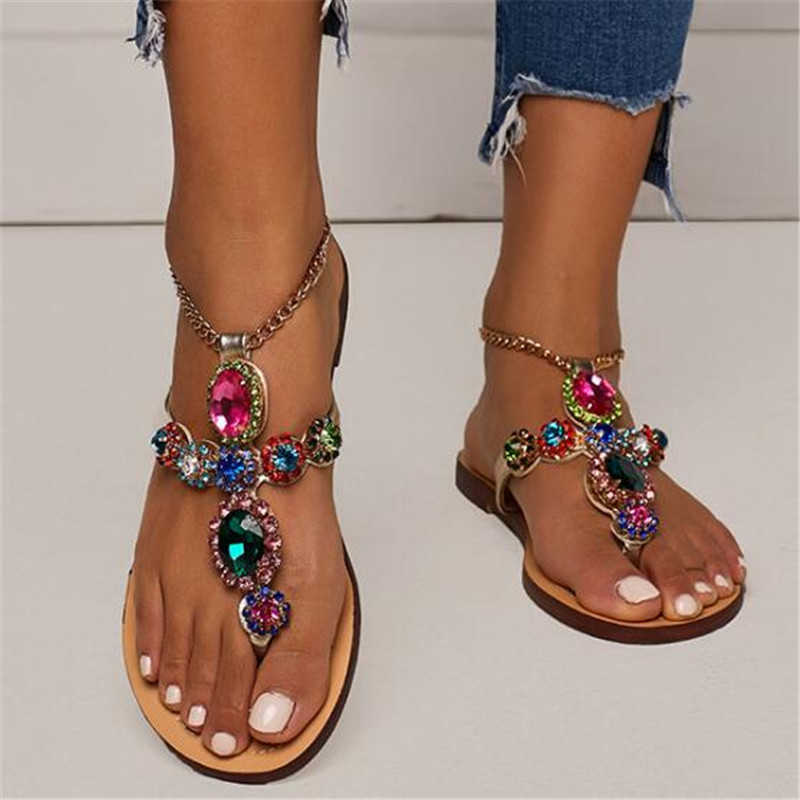 

Women Sandals chain Rhinestones Summer Shoes Woman Beach Flat Sandals Plus Size Flip Flop Ladies Soft Bottom Slippers Female Y0721, Gold