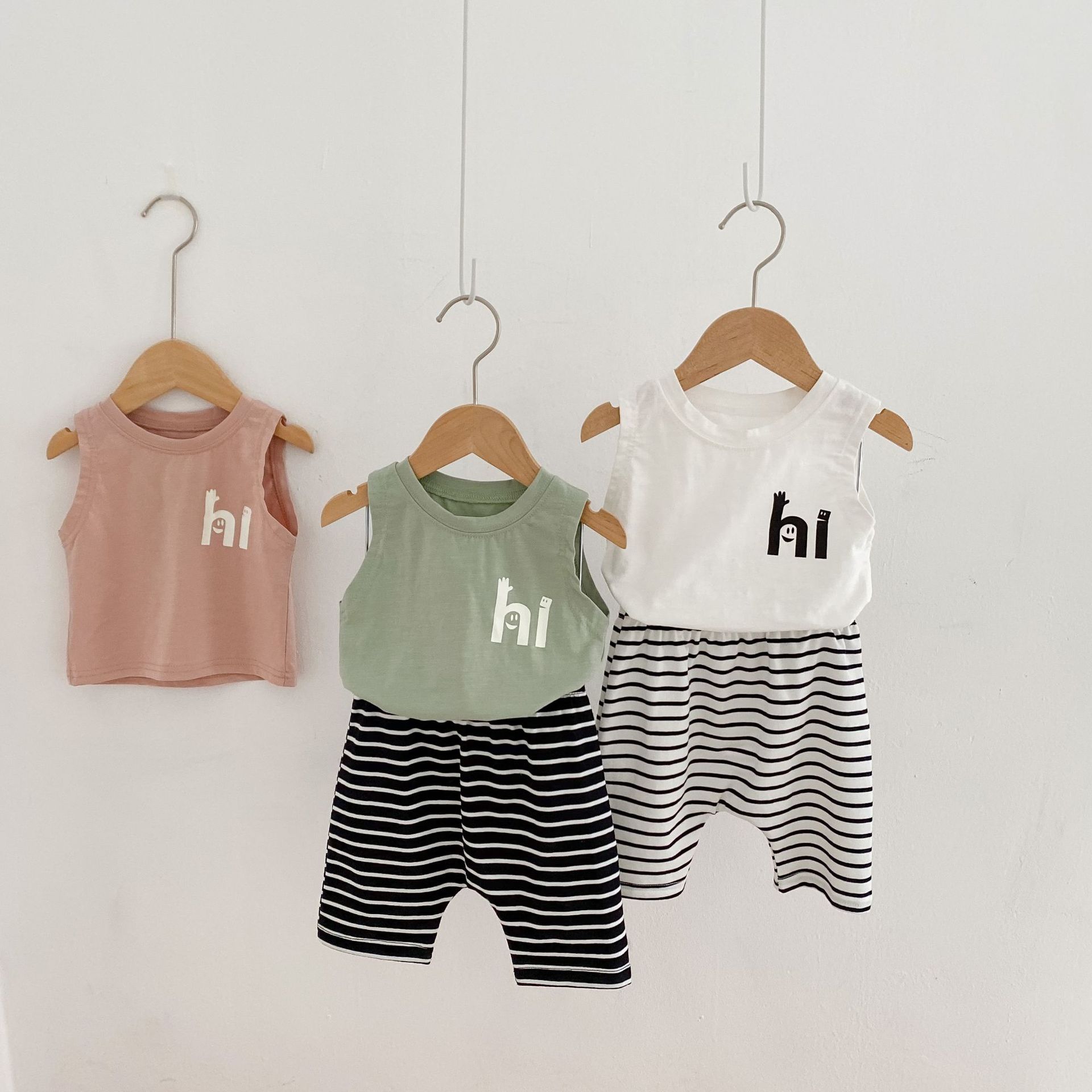 

ENGE Korean Australia INS Fashions Baby Boys Girls T shirts Sleeveless Stripes Pants Pure Cotton Tops Summer