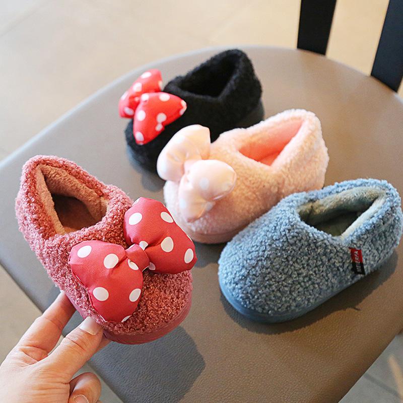 

Cute Bow Toddler Slippers Cotton Shoes For Baby Boy Girl Winter Keep Warm Kids Indoor And Outdoor Slipper Soft Sole Boots, Black;grey