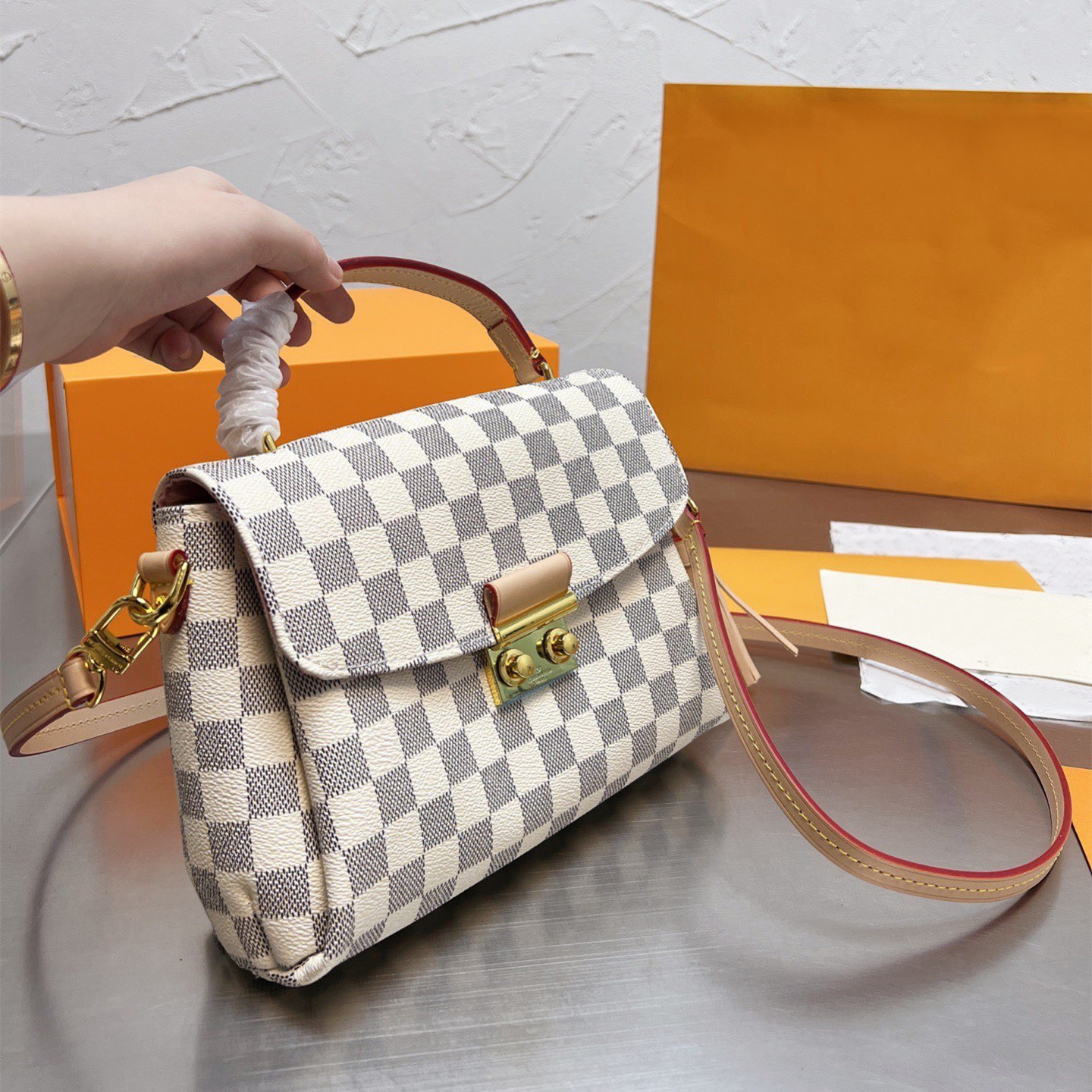 

fashion bag handbag cross body high quality croisette checkerboard shoulder bags Large-capacity shopping bag, White