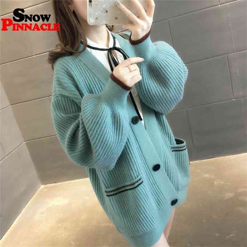 

Women cardigan Sweater Casual V-neck lantern striped long sleeve crop top women loose warm autumn winter knitwear 210524, Yellow