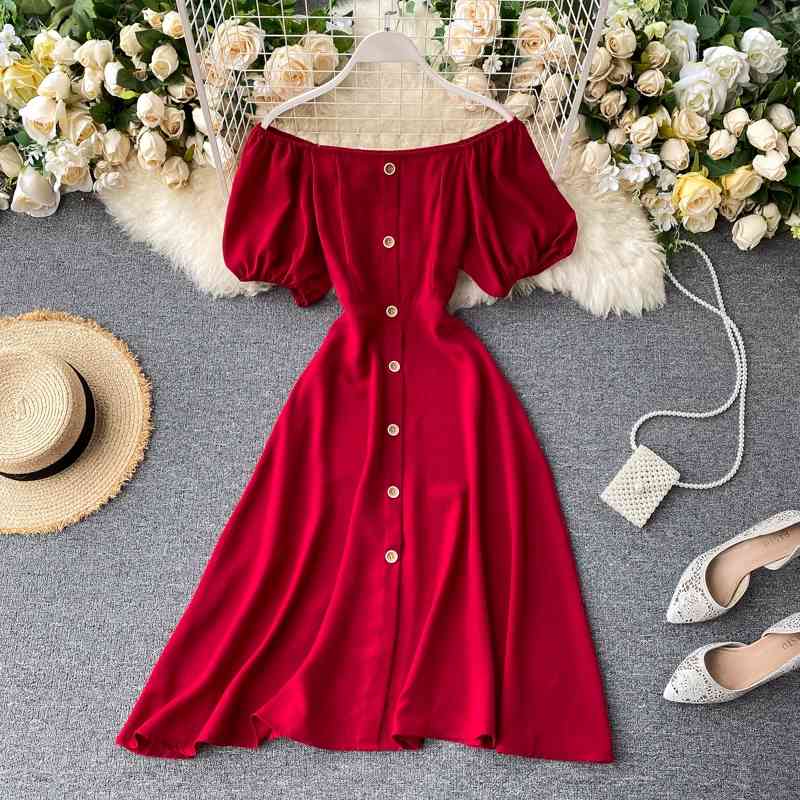 

Women Sexy Party Dress Summer Sweet Puff Sleeve Off Shoulder A Line Bodycon es Ladies Single Breasted Beach Robe 210602, Beige