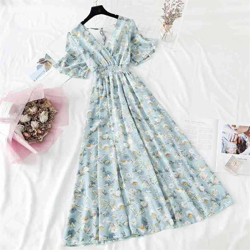 

Summer Women Ruffled Short-sleeved Chiffon Dress V-neck High Waist Floral Print Beach Midi Dresses Backless Sexy Vestidos 210701, Flowers 9