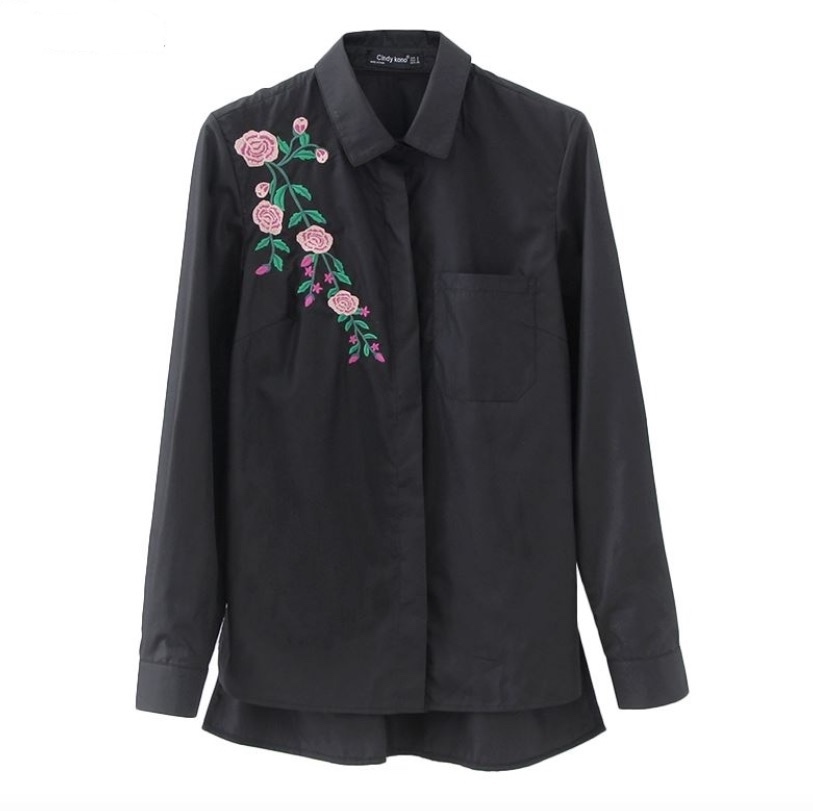 

Women Retro Flower Embroidery Striped Blouse Long Sleeve Black Shirts Turn Down Collar Brand Ladies Tops Blusas Cheongsam Top
