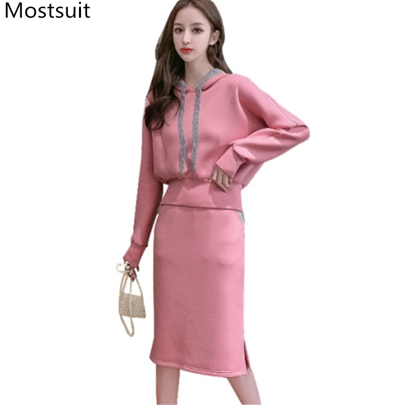 

Autumn 2 Piece Sets Outfits Women Tassels Hooded Sweatshirt + Pencil Skirt Suits Kawaii Fashion Ladies Two Femme 210518, Pink