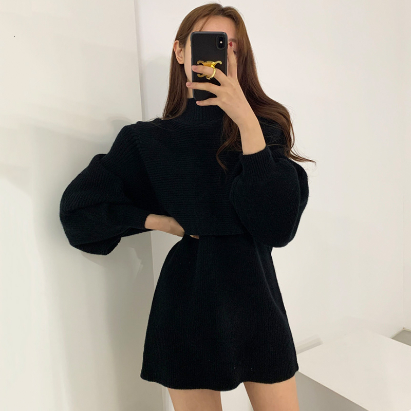 

Women's Sweaters Female casual autumn knitwear loose dress two solid pieces mock thick neck knit pullover women long sweaters YTUH, 1# shoe box