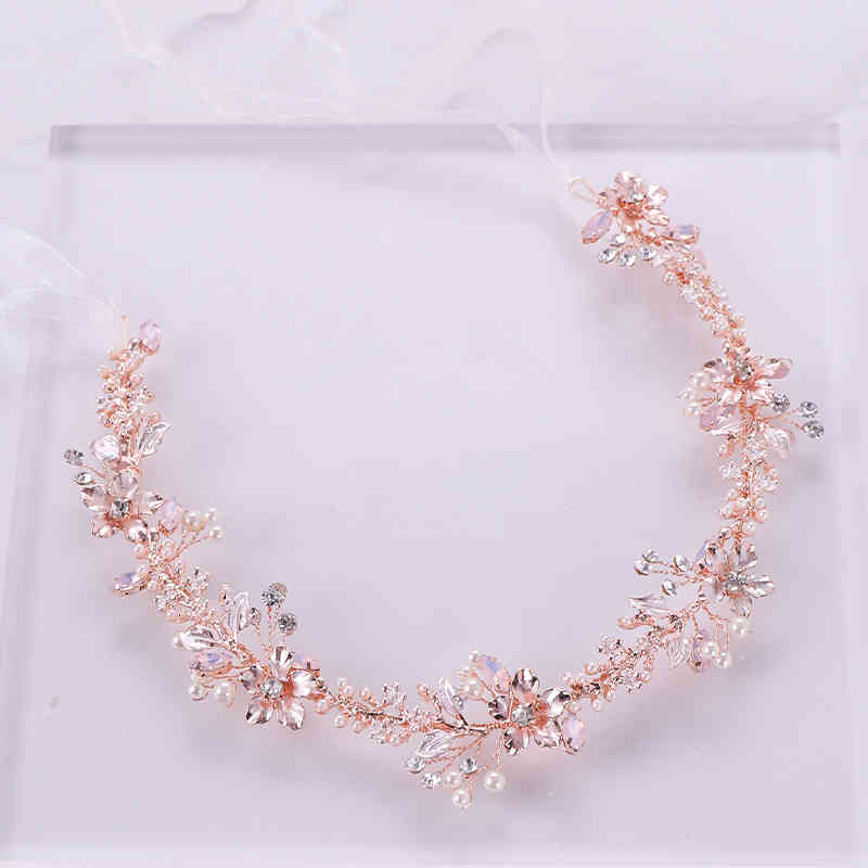 

Rose Gold Crystal Pearl Ornaments Headband Flower Bridal Handmade Tiara Hair woman Wedding Headpiece Jewelry Party