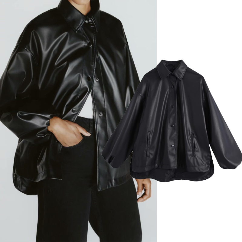 

Women's Down & Parkas Women Autumn winter Imitation leather solid color Coat Open Stitch Turn-down Collar Lady Streetwear Outwear, Black