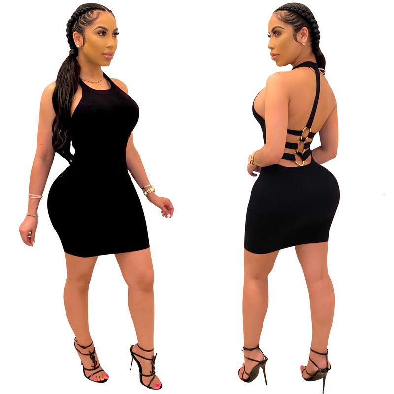 

Casual Dresses solid Summer color open back hollowed out hanging neck slim temperament commuter sexy dress one step skirt, Black -1