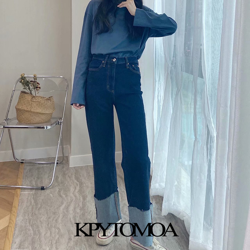 

2011kpytomoa women 2021 chic fashion folded up wide leg jeans vintage high waist zipper fly denim female trousers mujer, Blue