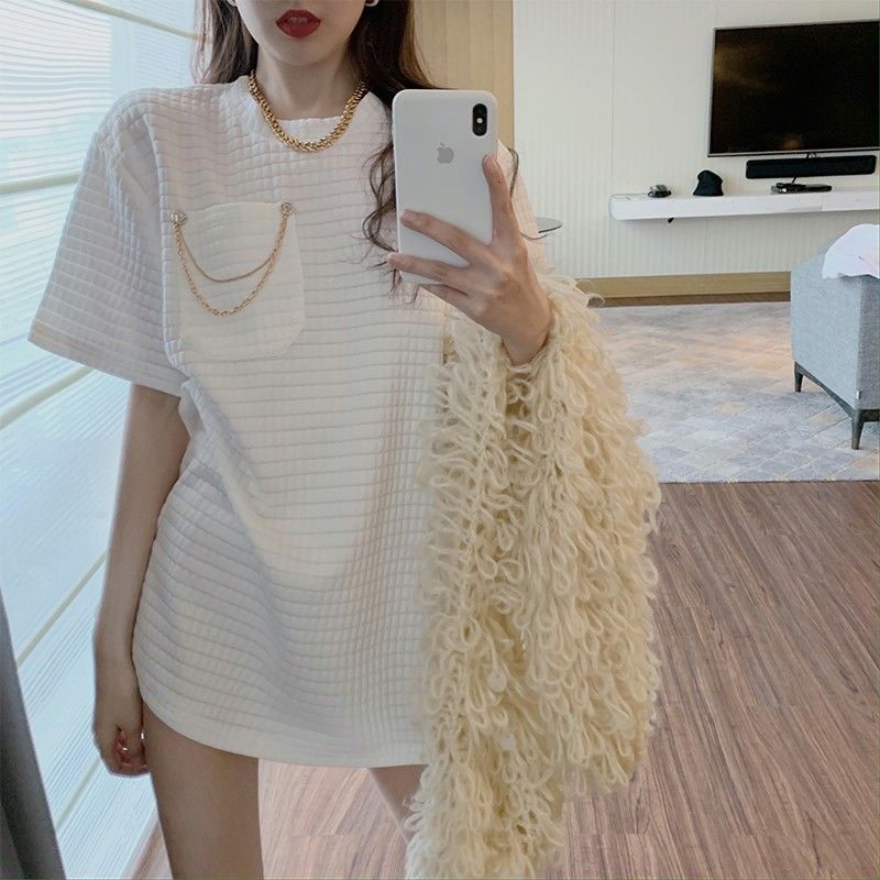 

Women's T-Shirt Basic length meads female shirt 2021 spring and summer chess loose all-combining short student top, White