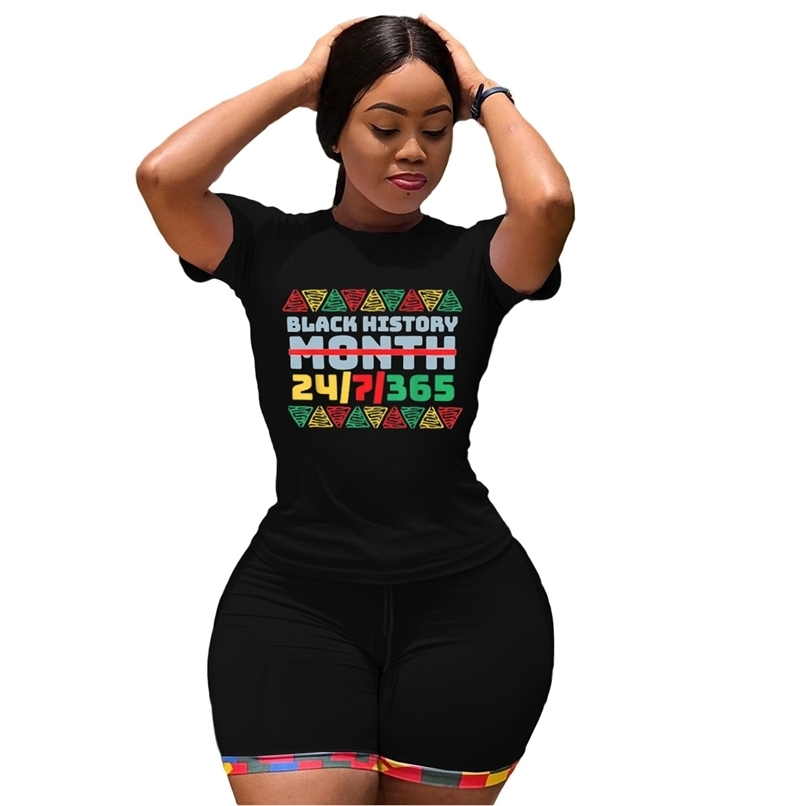 

Loungewear Women Clothing Letter Print Casual Home Wear Pullover T-Shirt Tee And Biker Shorts Sweatpants 2 Pc Set Track Suit 210525, Black