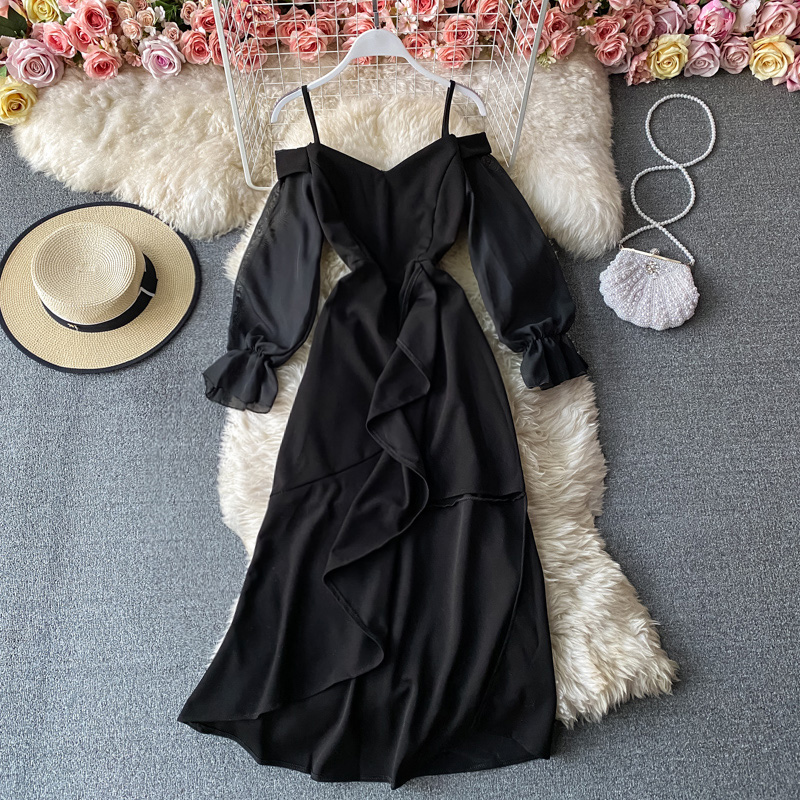 

black irregular party long dress women elegant v-neck flare sleeve ruffle big swing vestidos female fashion 2021 spring summer, Black;gray