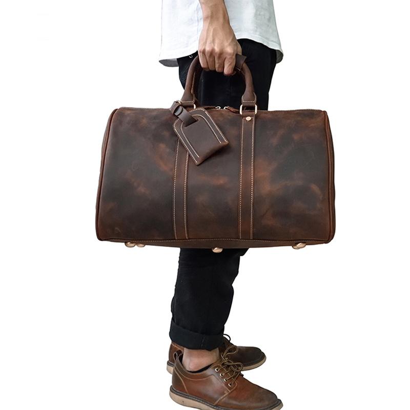 

Duffel Bags Vintage Men Travel Bag Crazy Horse Genuine Leather Big Capacity Cowhide Luggage Weekend Duffle For Male, Brown1