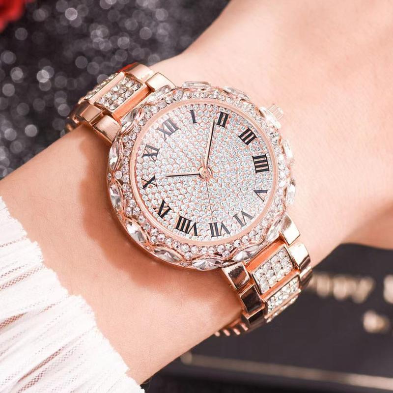 

Wristwatches Fashion Sparking Rhinestone Women Quartz Watch High Quality Roman Numerals Dress Wristwatch Relogio Feminino, Gold